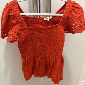 Madewell Orange Eyelet Puff Sleeve Blouse